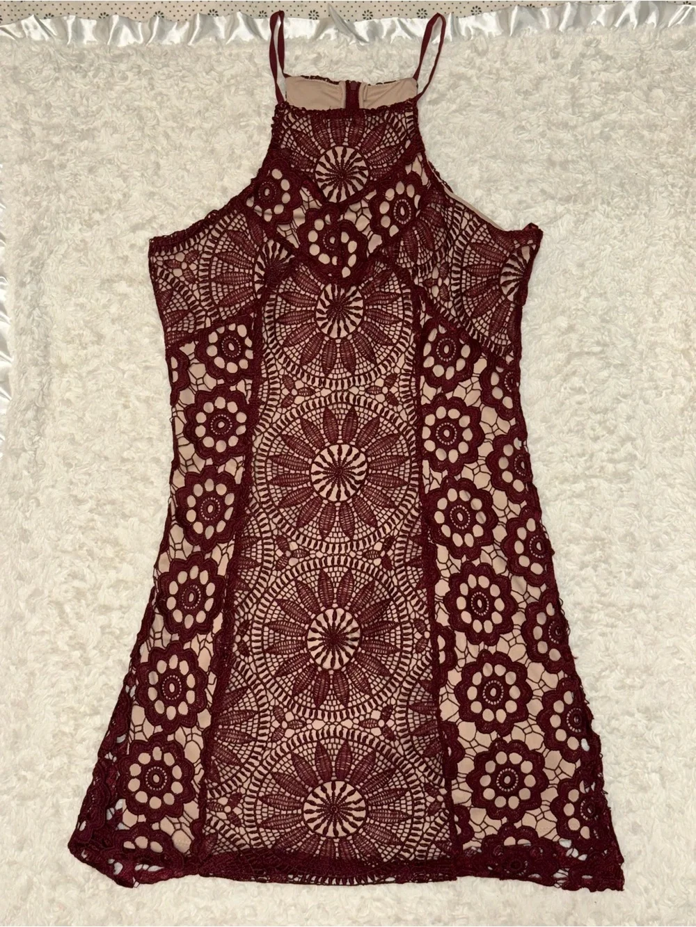 Francesca’s Burgundy Crochet Lace High Neck Cocktail Dress Small EUC